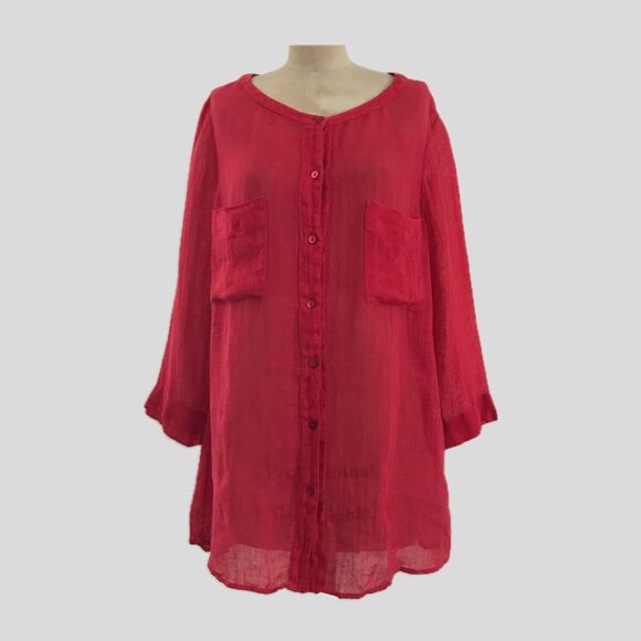 Eileen Fisher Red Long Sleeve Minimalist Linen Button Front Relaxed Shirt Top S - Picture 1 of 7